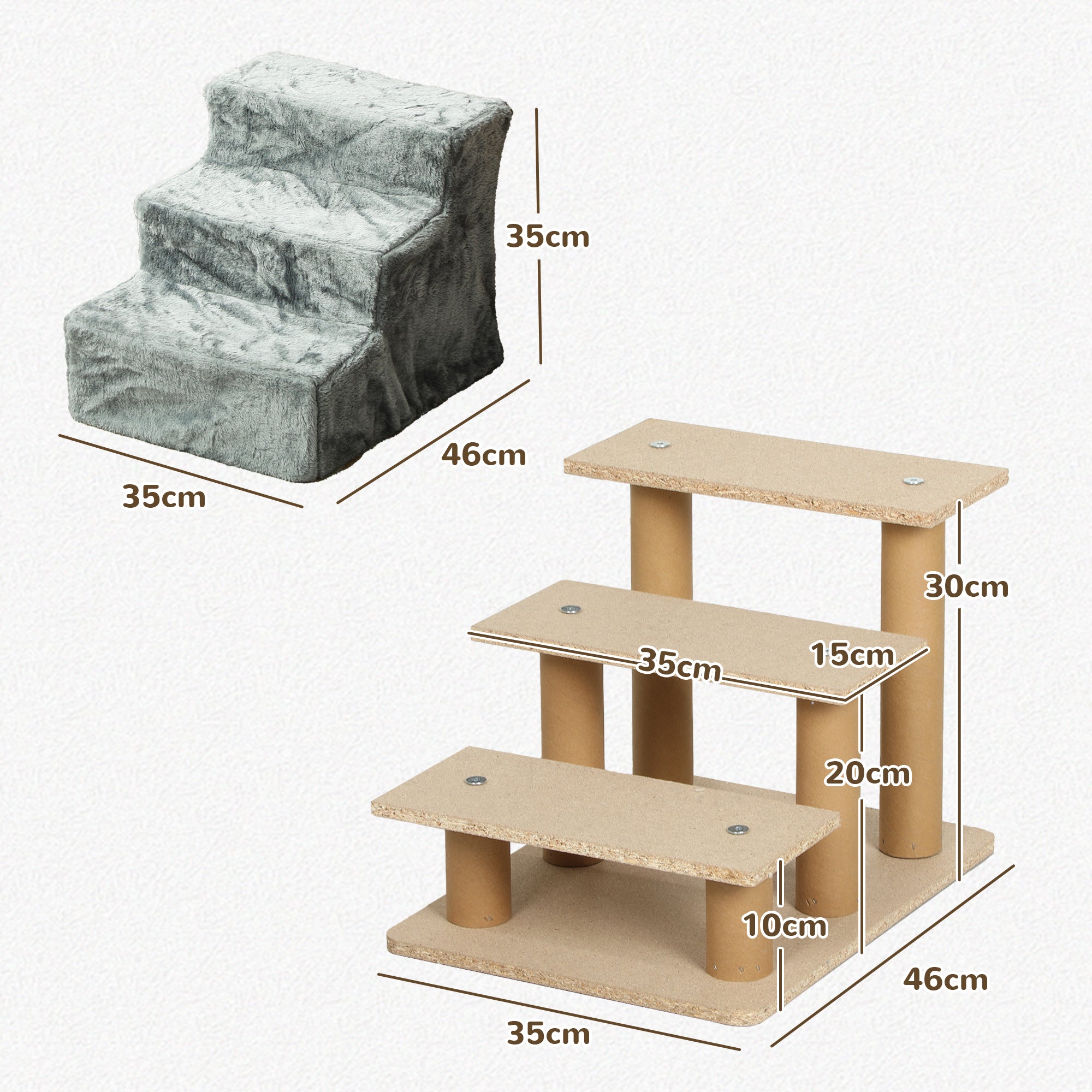 3-Step Dog Staircase, 35 cm Cat Staircase for Bed and Sofa, Pet Staircase for Dogs and Cats up to 5 kg, Plush Look, Light Gray