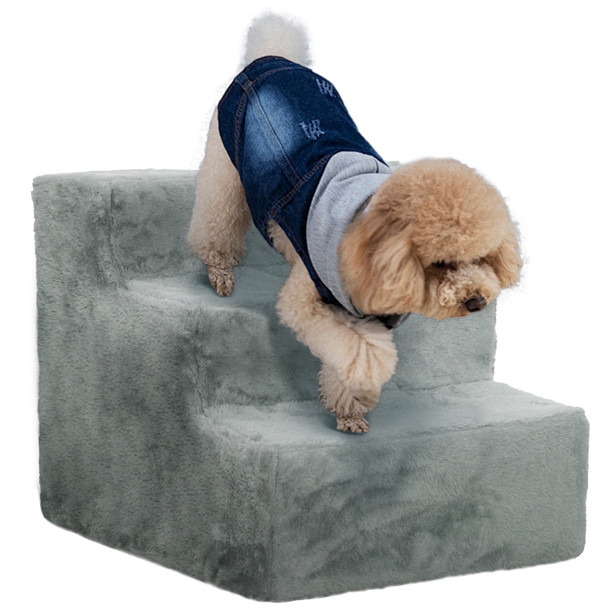 3-Step Dog Staircase, 35 cm Cat Staircase for Bed and Sofa, Pet Staircase for Dogs and Cats up to 5 kg, Plush Look, Light Gray