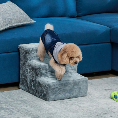 3-Step Dog Staircase, 35 cm Cat Staircase for Bed and Sofa, Pet Staircase for Dogs and Cats up to 5 kg, Plush Look, Light Gray