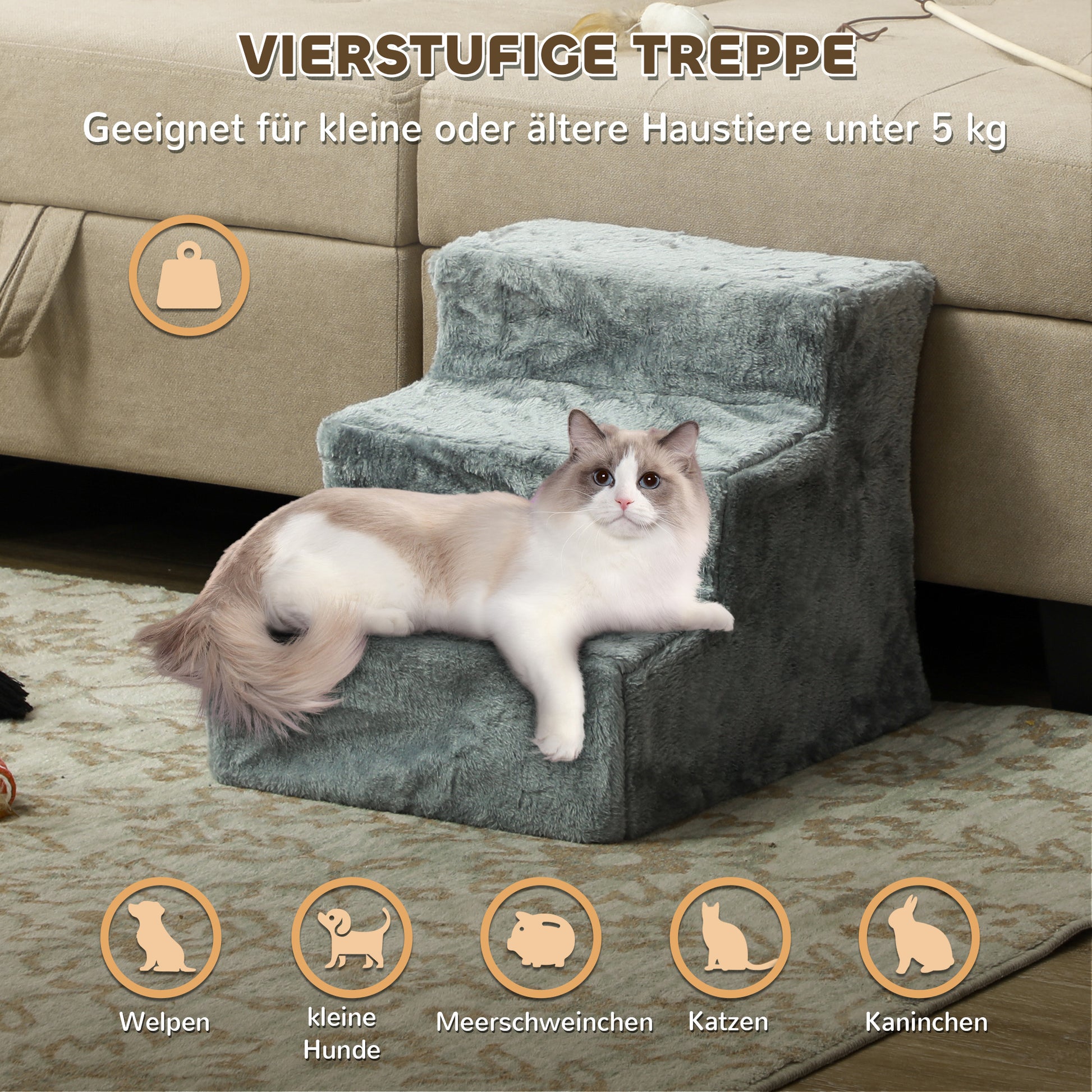 3-Step Dog Staircase, 35 cm Cat Staircase for Bed and Sofa, Pet Staircase for Dogs and Cats up to 5 kg, Plush Look, Light Gray