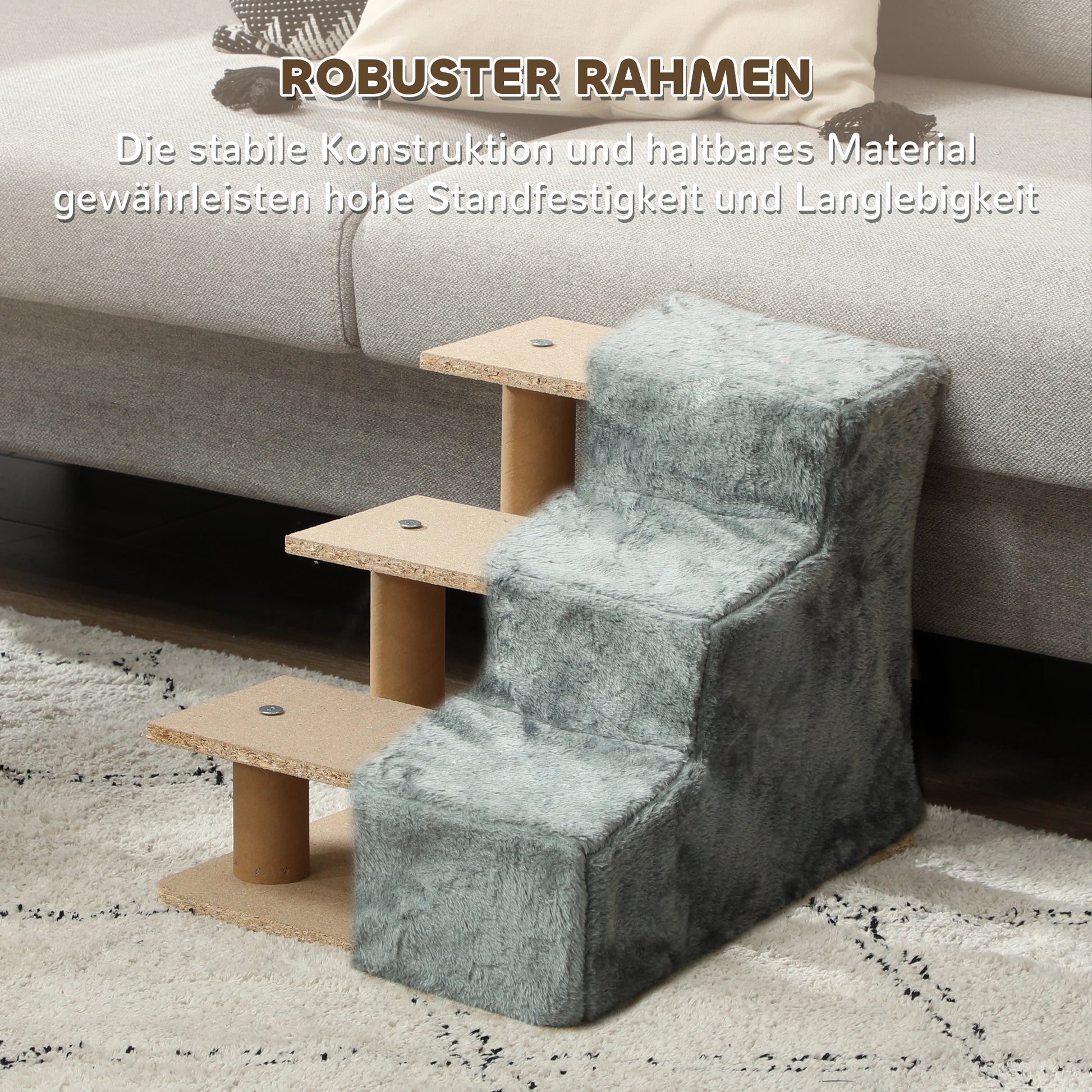 3-Step Dog Staircase, 35 cm Cat Staircase for Bed and Sofa, Pet Staircase for Dogs and Cats up to 5 kg, Plush Look, Light Gray
