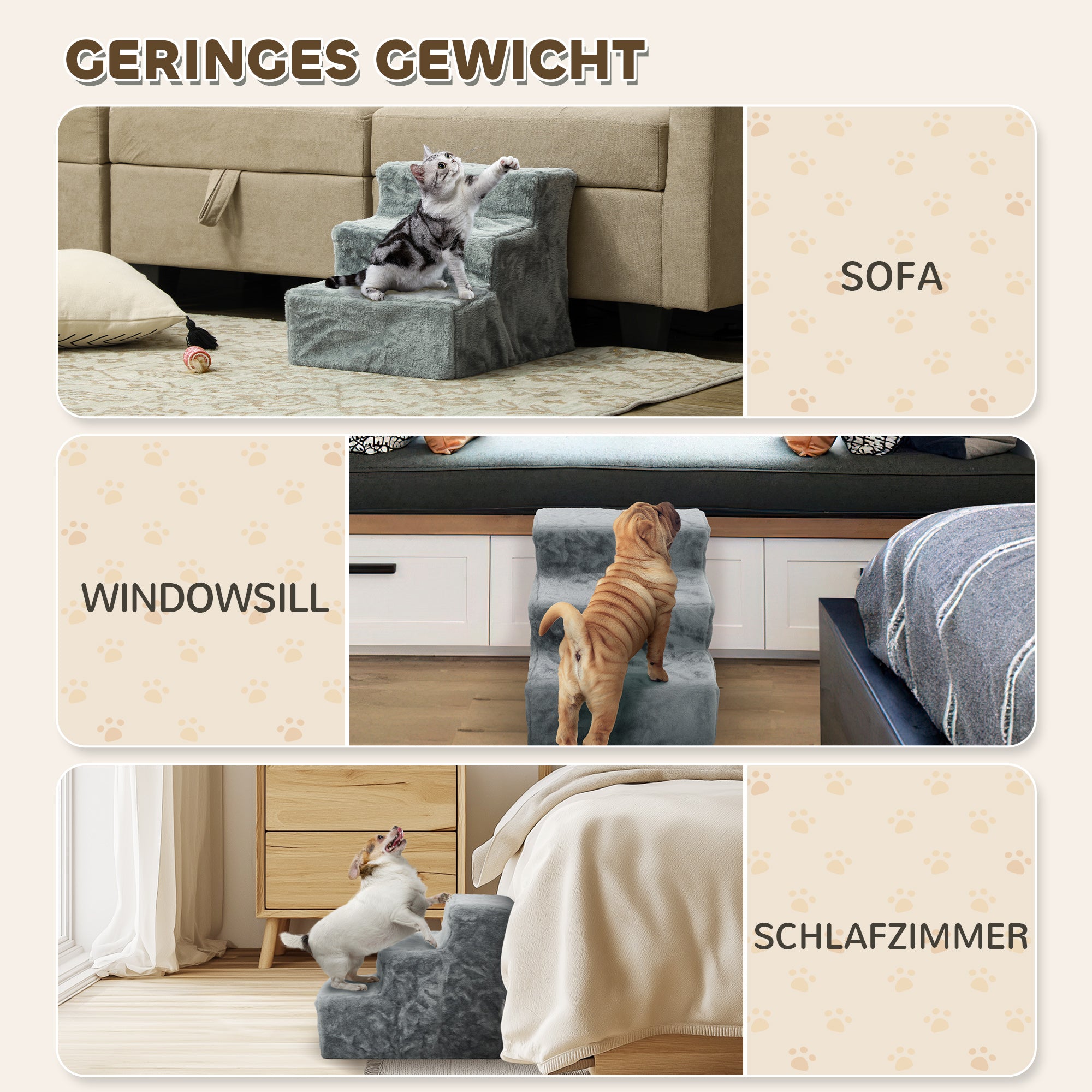 3-Step Dog Staircase, 35 cm Cat Staircase for Bed and Sofa, Pet Staircase for Dogs and Cats up to 5 kg, Plush Look, Light Gray