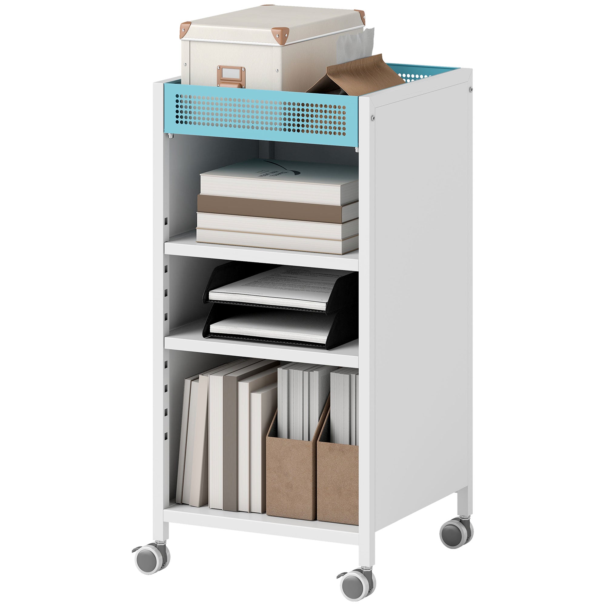 4-Tier Rolling Bookshelf with Top Basket & Adjustable Shelves, White