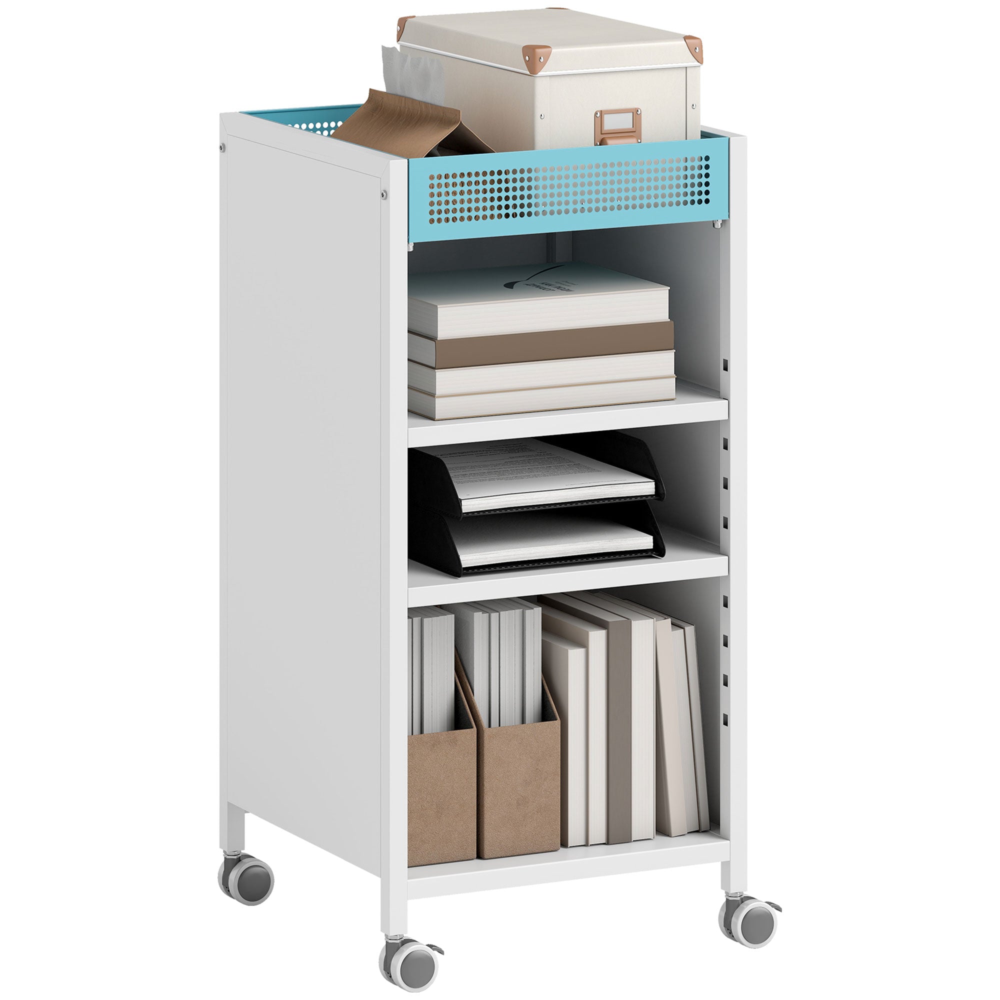 4-Tier Rolling Bookshelf with Top Basket & Adjustable Shelves, White