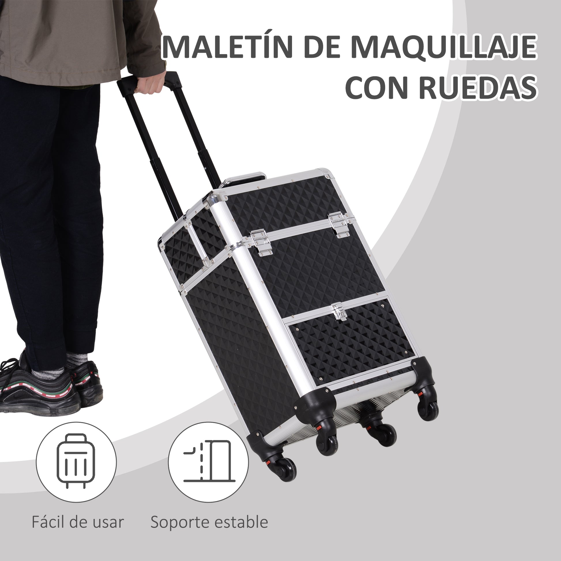 Professional Makeup Case with Drawer, Makeup Case with Wheels for Travel Work 13.4x9.8x24.4 inches Black