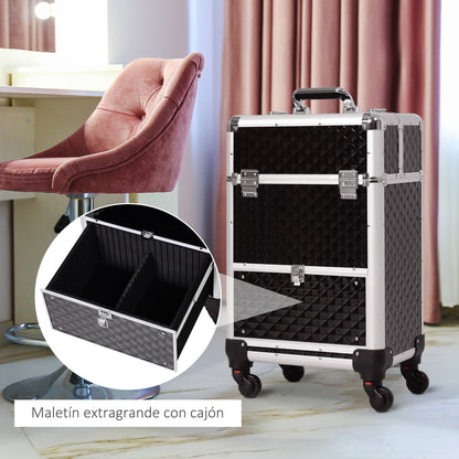Professional Makeup Case with Drawer, Makeup Case with Wheels for Travel Work 13.4x9.8x24.4 inches Black