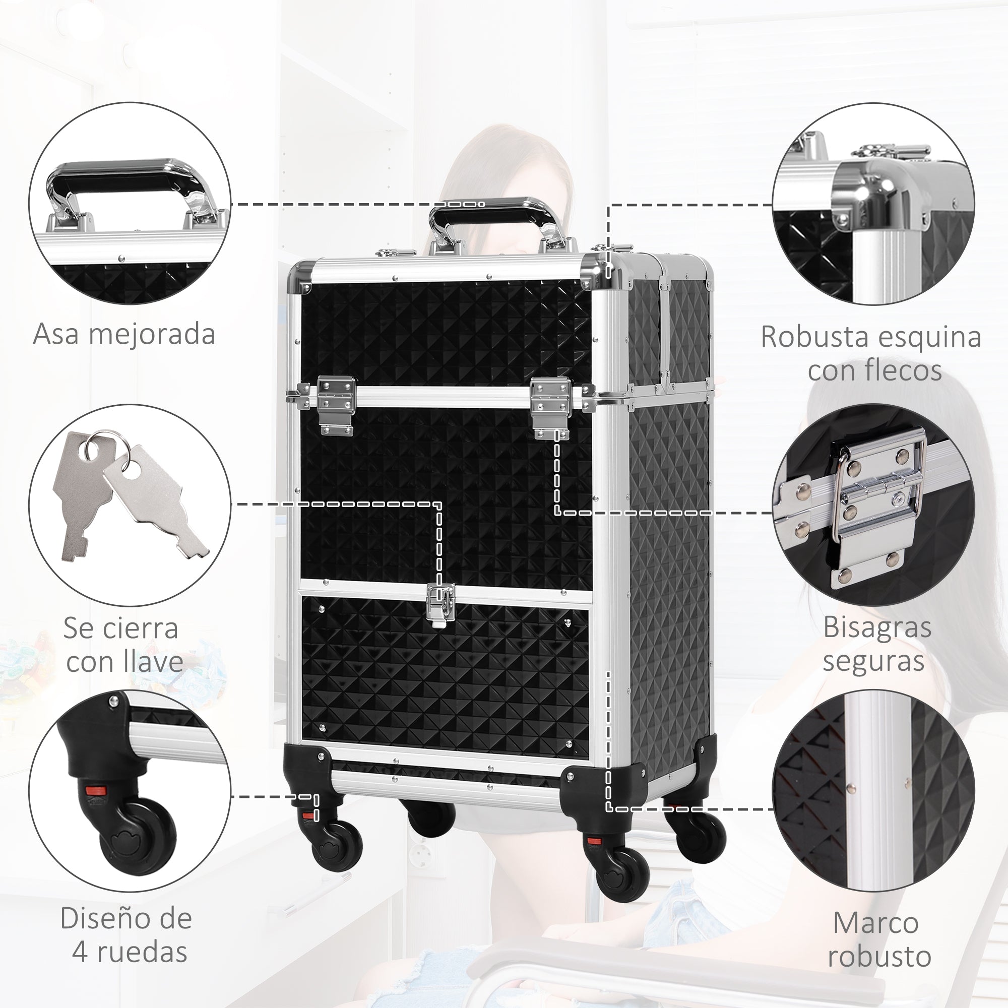 Professional Makeup Case with Drawer, Makeup Case with Wheels for Travel Work 13.4x9.8x24.4 inches Black