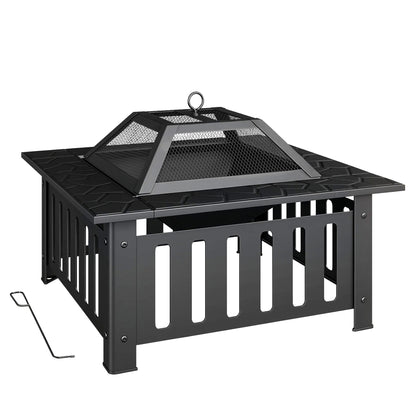 Square Steel Outdoor Fire Pit, 26.4 x 26.4 x 18.5 in, Patio Fire Pit with Poker & Mesh Cover, Black