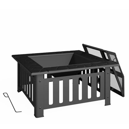 Square Steel Outdoor Fire Pit, 26.4 x 26.4 x 18.5 in, Patio Fire Pit with Poker & Mesh Cover, Black