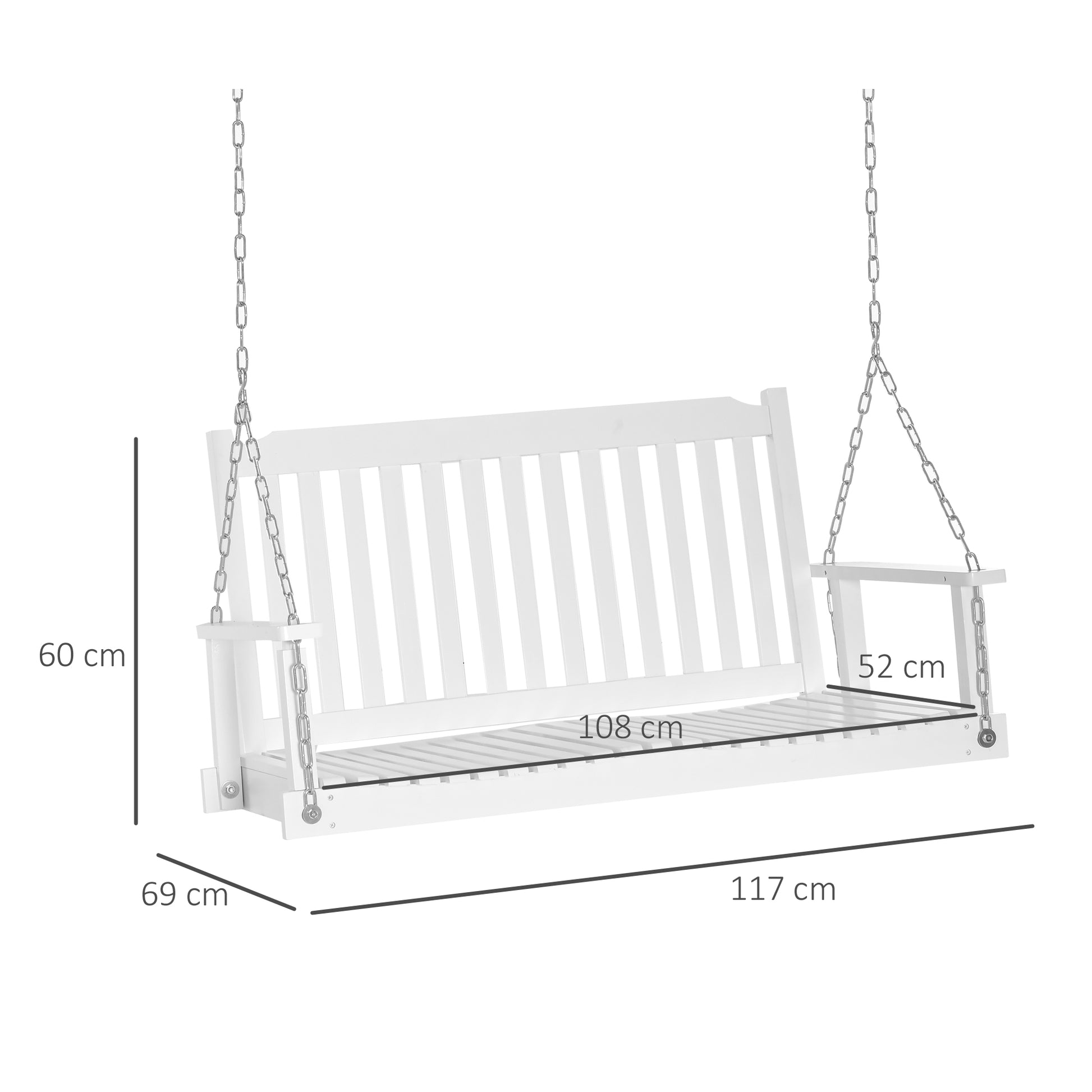 Garden Swing for 2 Persons Swing Bench Hanging Bench Solid Wood Patio Terrace Backyard White 117 x 69 x 60 cm