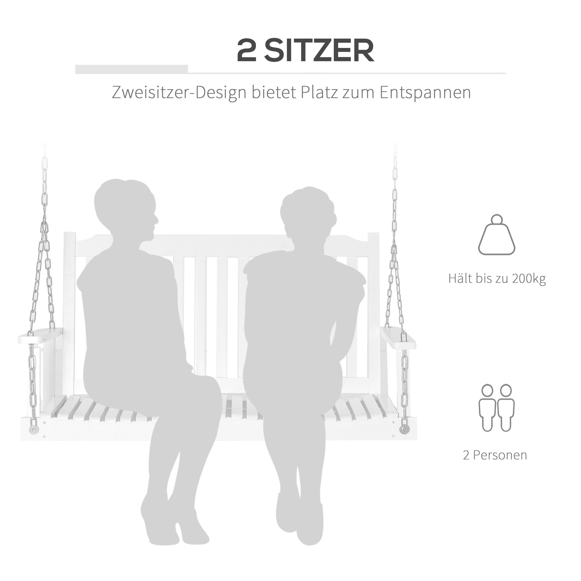 Garden Swing for 2 Persons Swing Bench Hanging Bench Solid Wood Patio Terrace Backyard White 117 x 69 x 60 cm