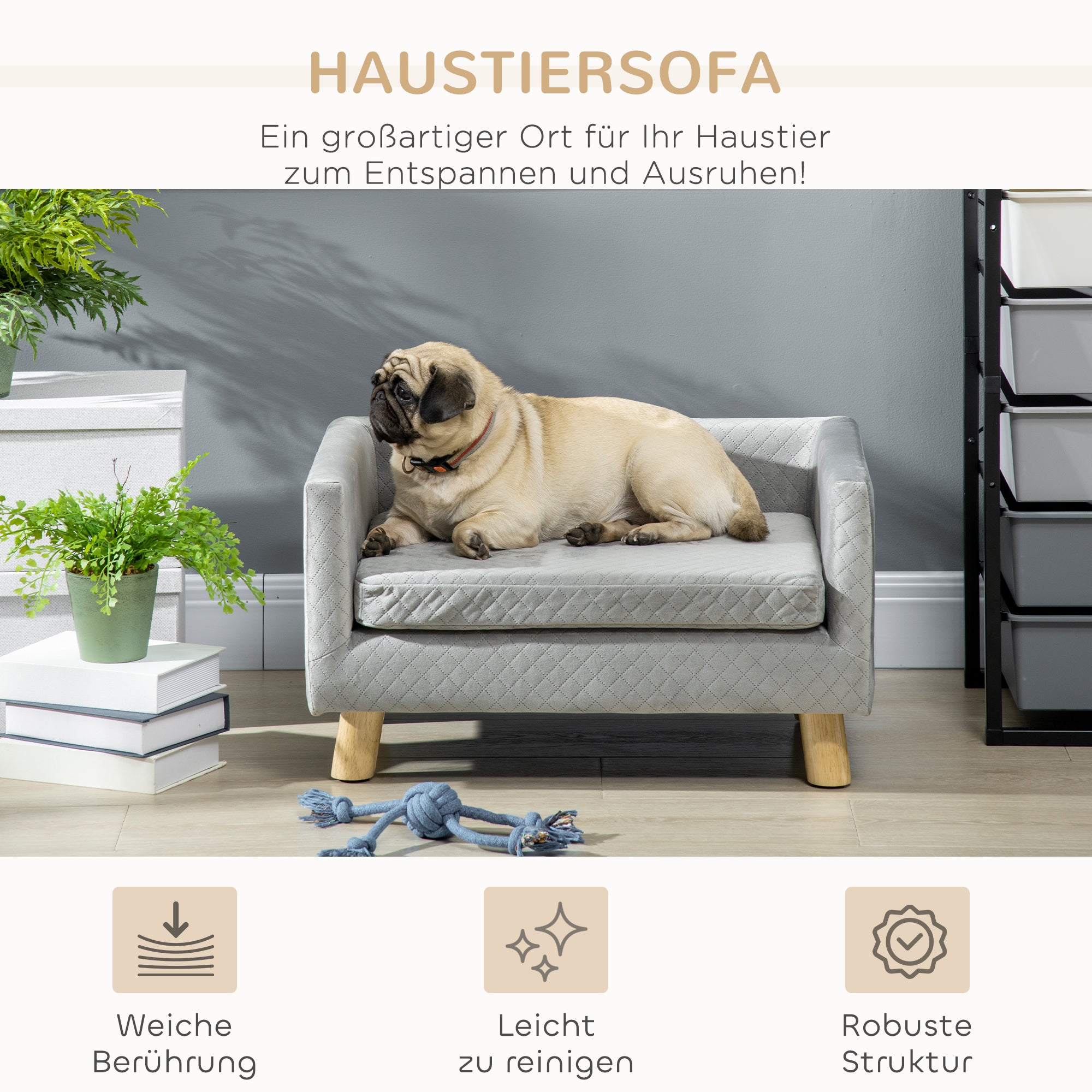 Dog Sofa with Wooden Legs Pet Bed Pet Sofa Pet Mat for Small Dogs up to 8 kg Velvet Touch Gray 64 x 45 x 36 cm