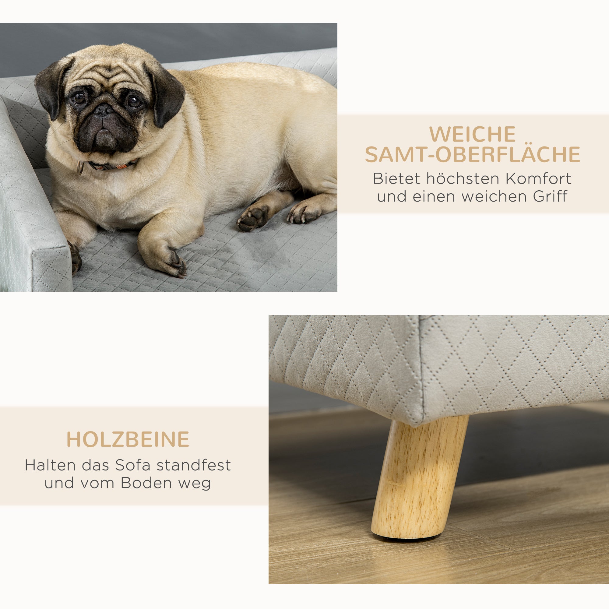 Dog Sofa with Wooden Legs Pet Bed Pet Sofa Pet Mat for Small Dogs up to 8 kg Velvet Touch Gray 64 x 45 x 36 cm