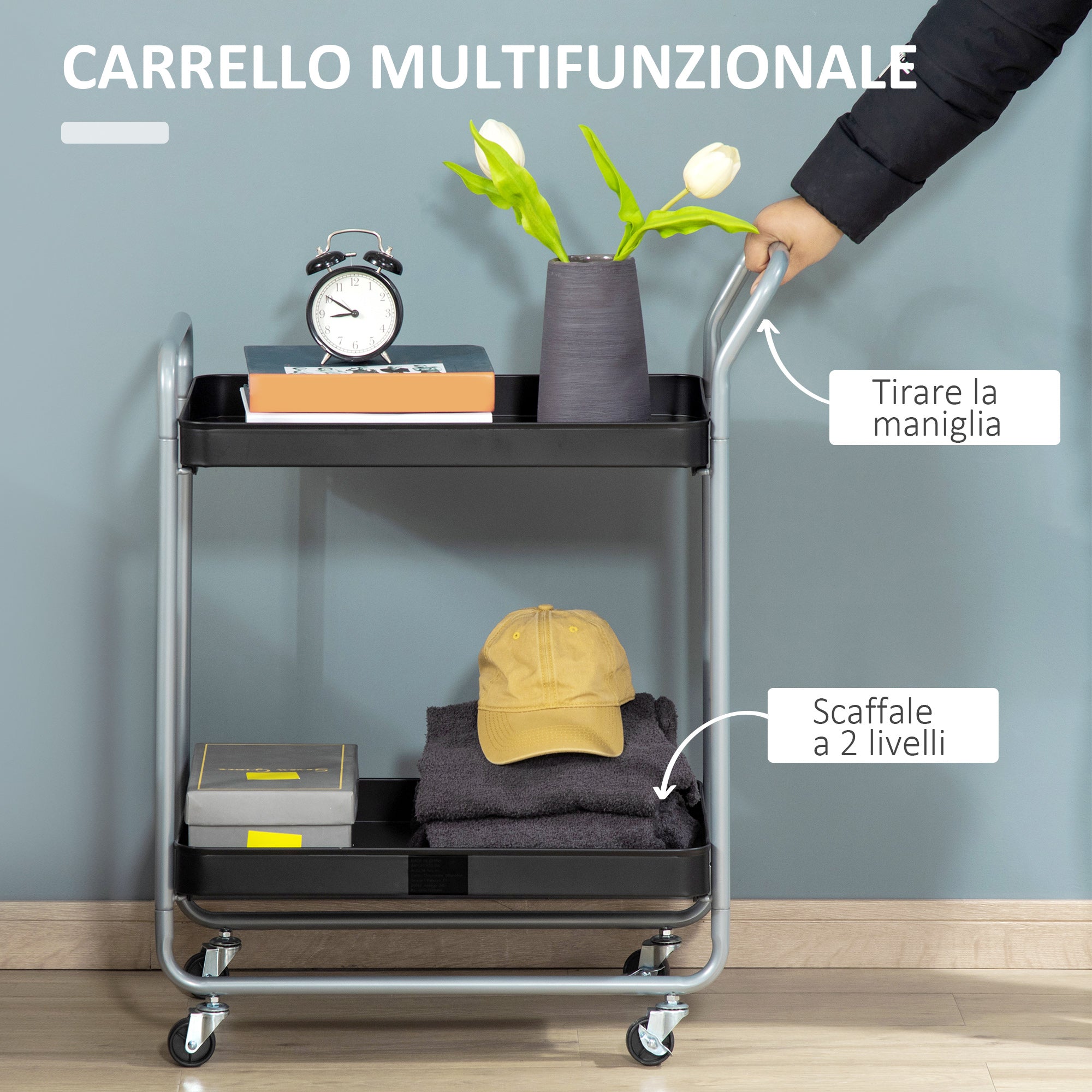 2-Tier Serving Trolley with Handles and Swivel Wheels, Metal Storage Trolley for Kitchen Living Room, 63x40.4x83.5cm, Black