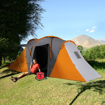 Tunnel Tent for 4–6 People — 2 Bedrooms + Living Area, 2000 mm Waterproof, Gray & Orange