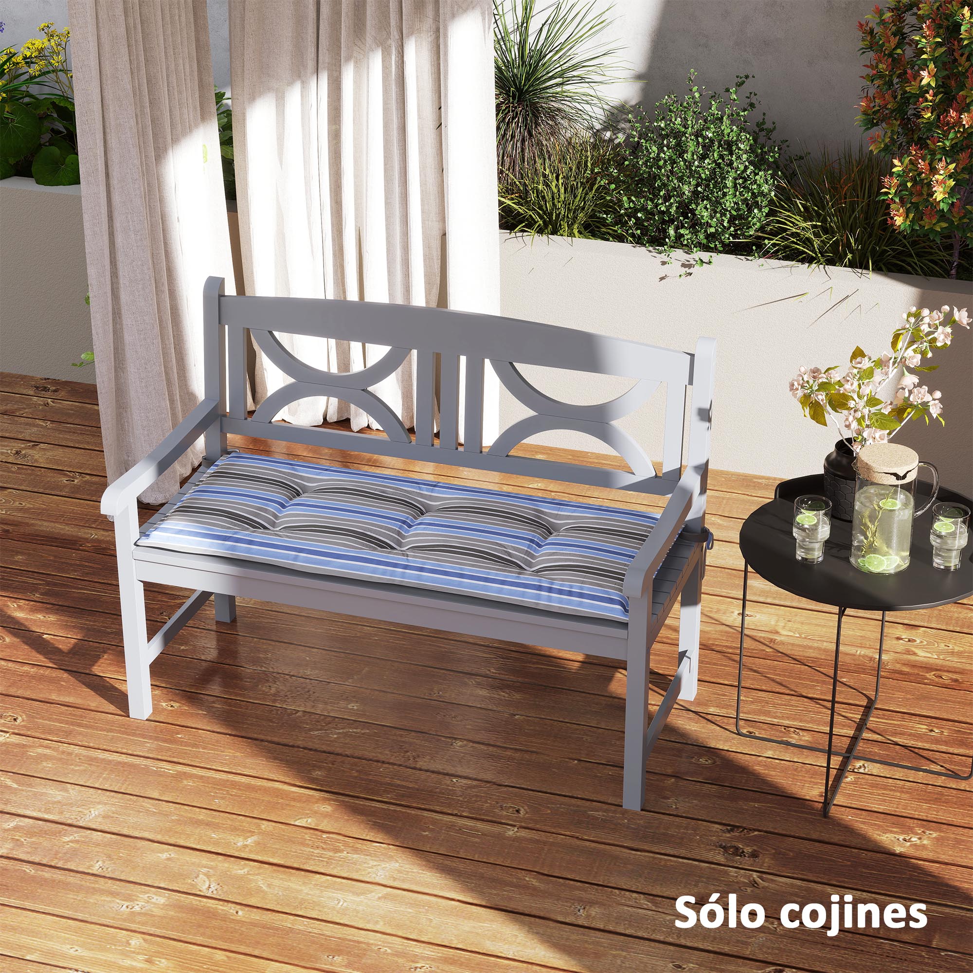 Set of 2 Garden Bench Cushions for 2 Seater Bench 120x50x5 cm Rectangular Cushions for Indoor and Outdoor Waterproof with Thick Filling and Multicolor Stripes Tie Strings