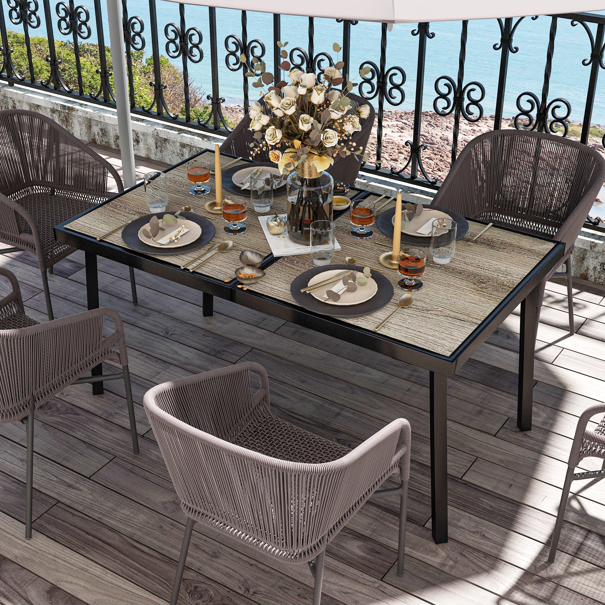 garden table, balcony table, 145 x 85 cm terrace table for 6 persons with wood look, dining table for garden, steel frame, Gray