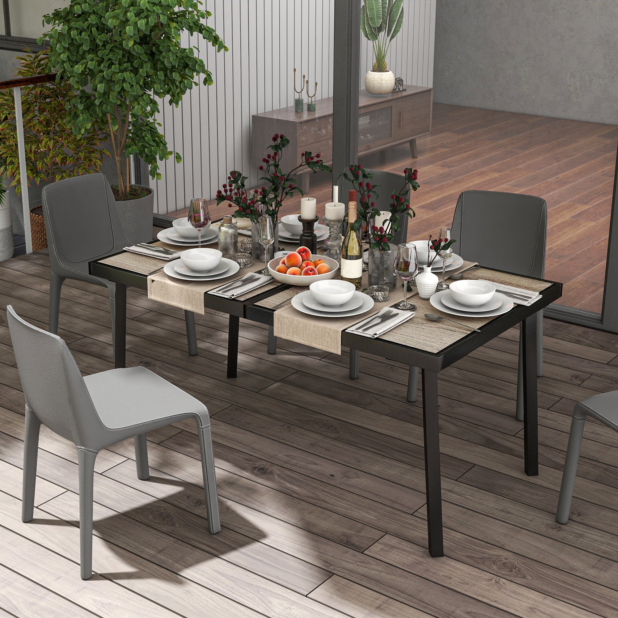 garden table, balcony table, 145 x 85 cm terrace table for 6 persons with wood look, dining table for garden, steel frame, Gray