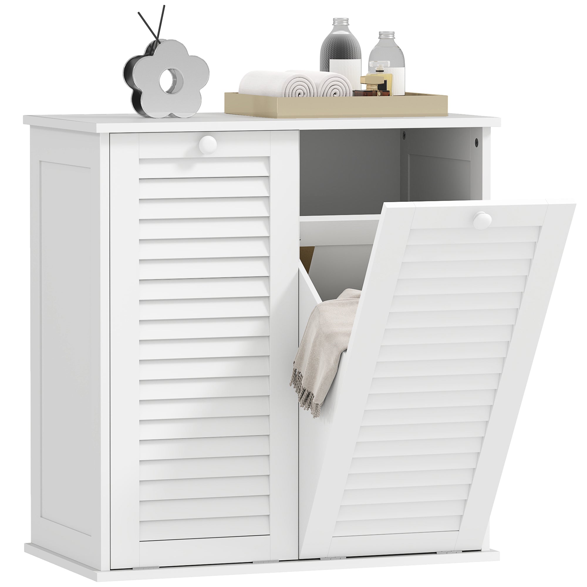Laundry Cabinet, Bathroom Cabinet with 2 Laundry Baskets, Bathroom Cabinet with Handles, Louvered Doors Laundry Collector Bathroom Furniture for Bathroom 70cm x 38cm x 73cm White