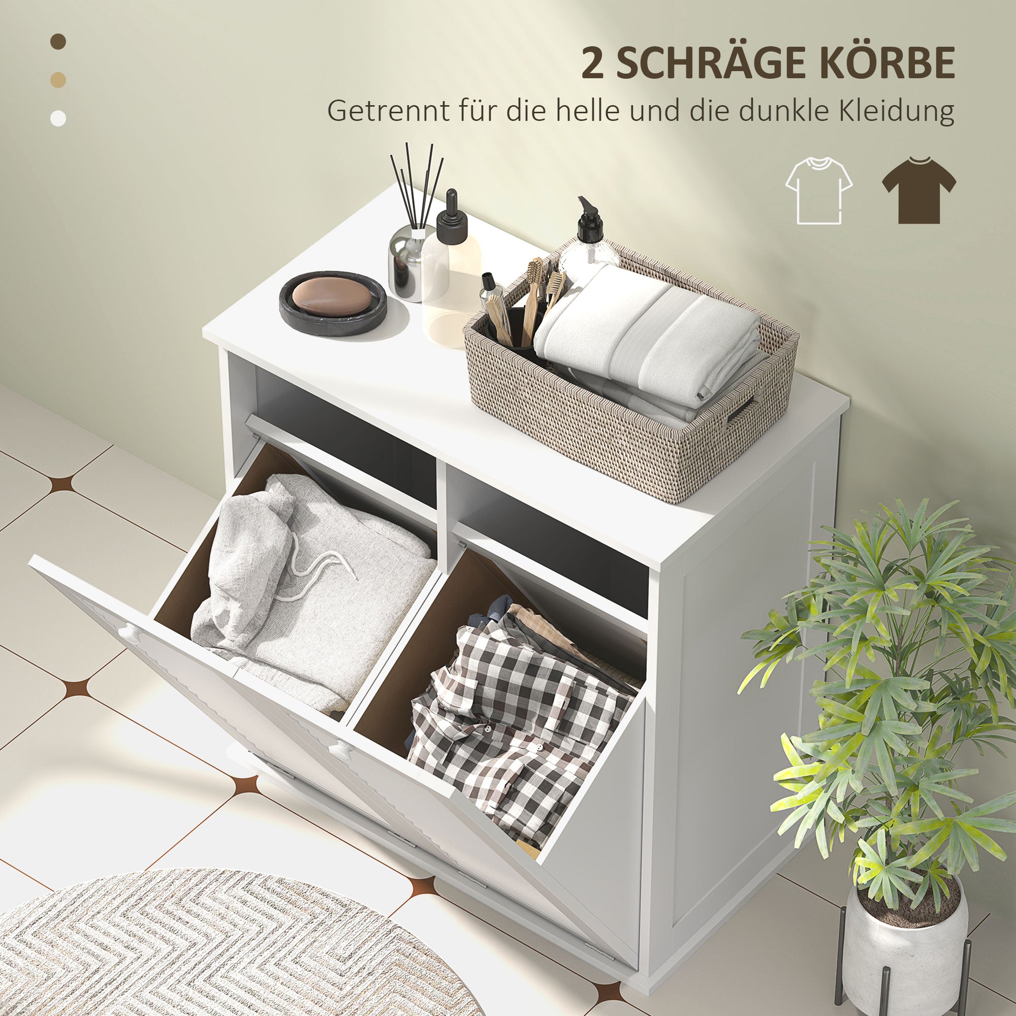 Laundry Cabinet, Bathroom Cabinet with 2 Laundry Baskets, Bathroom Cabinet with Handles, Louvered Doors Laundry Collector Bathroom Furniture for Bathroom 70cm x 38cm x 73cm White