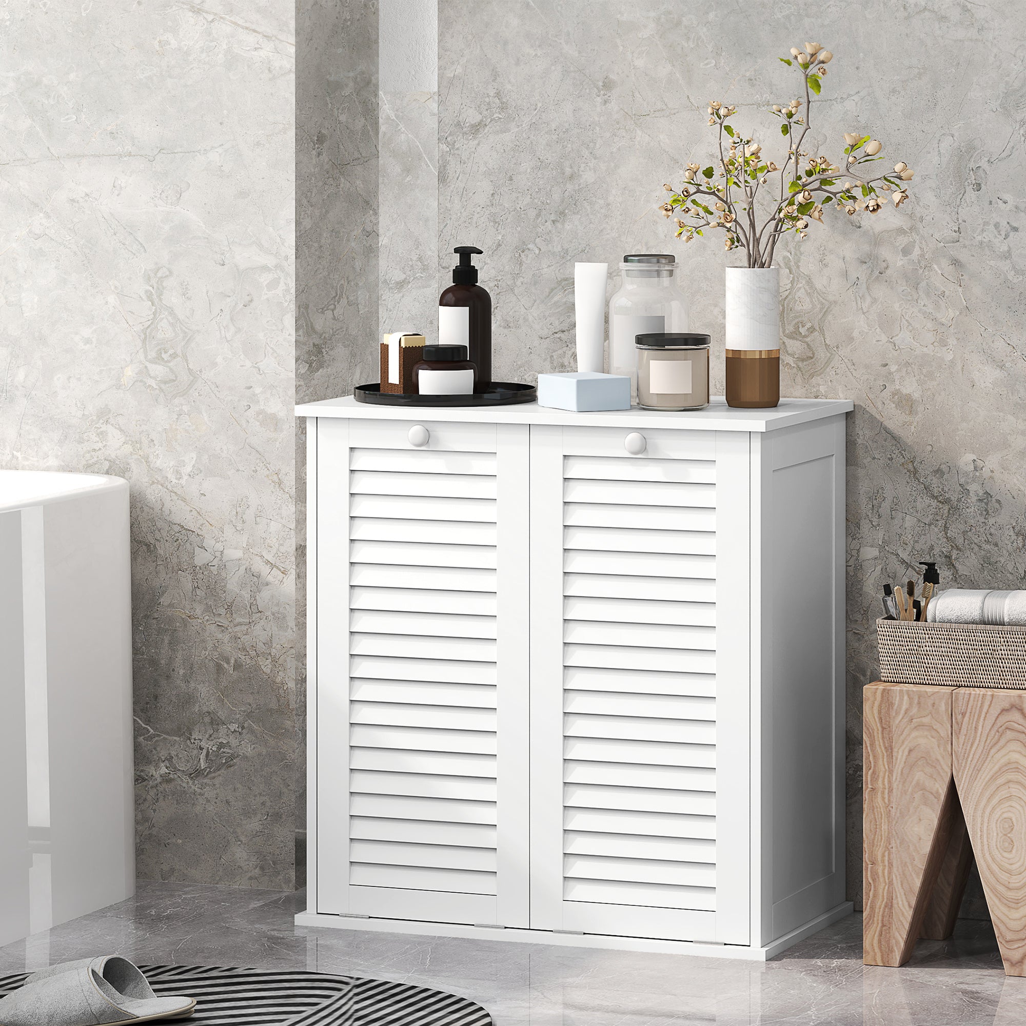 Laundry Cabinet, Bathroom Cabinet with 2 Laundry Baskets, Bathroom Cabinet with Handles, Louvered Doors Laundry Collector Bathroom Furniture for Bathroom 70cm x 38cm x 73cm White