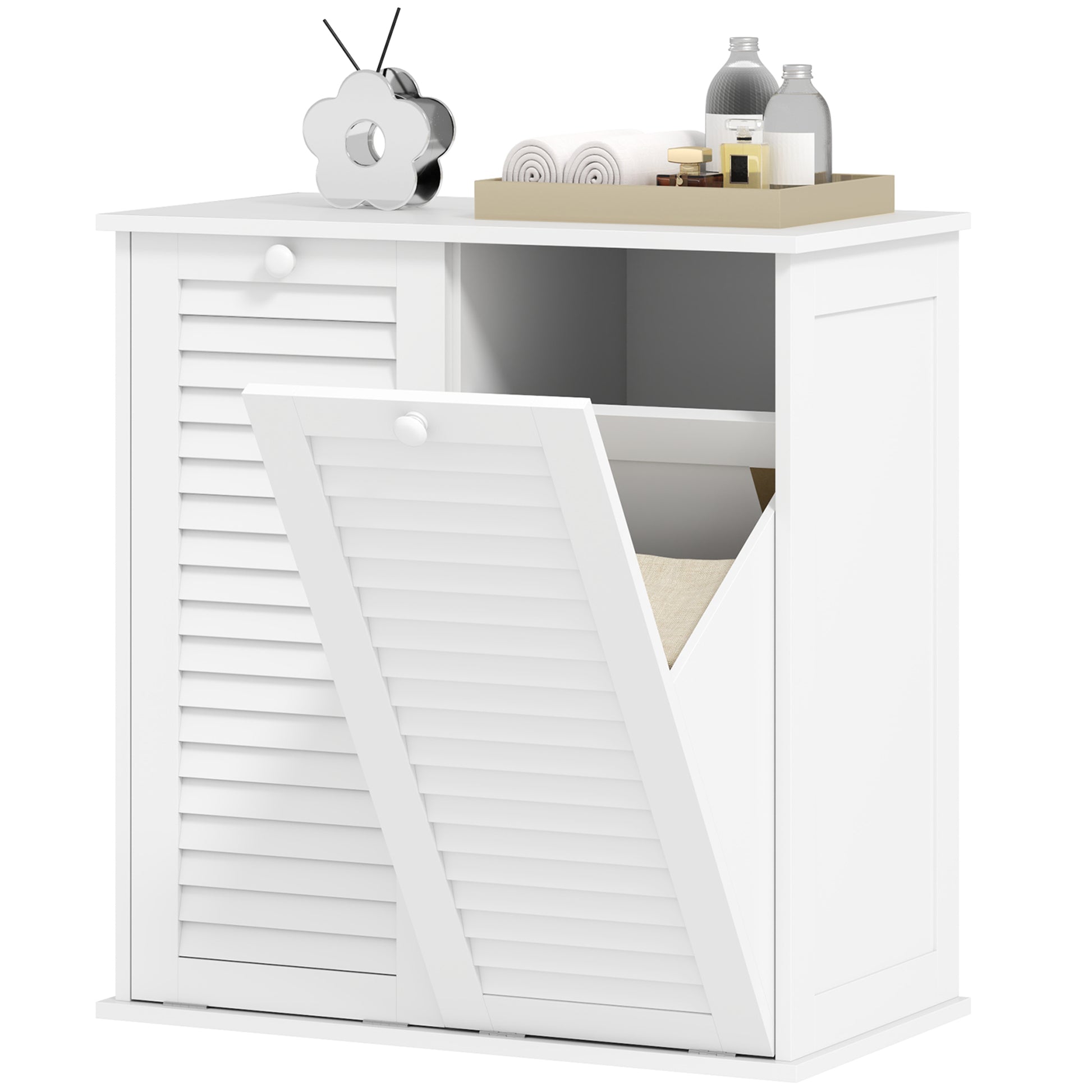Laundry Cabinet, Bathroom Cabinet with 2 Laundry Baskets, Bathroom Cabinet with Handles, Louvered Doors Laundry Collector Bathroom Furniture for Bathroom 70cm x 38cm x 73cm White