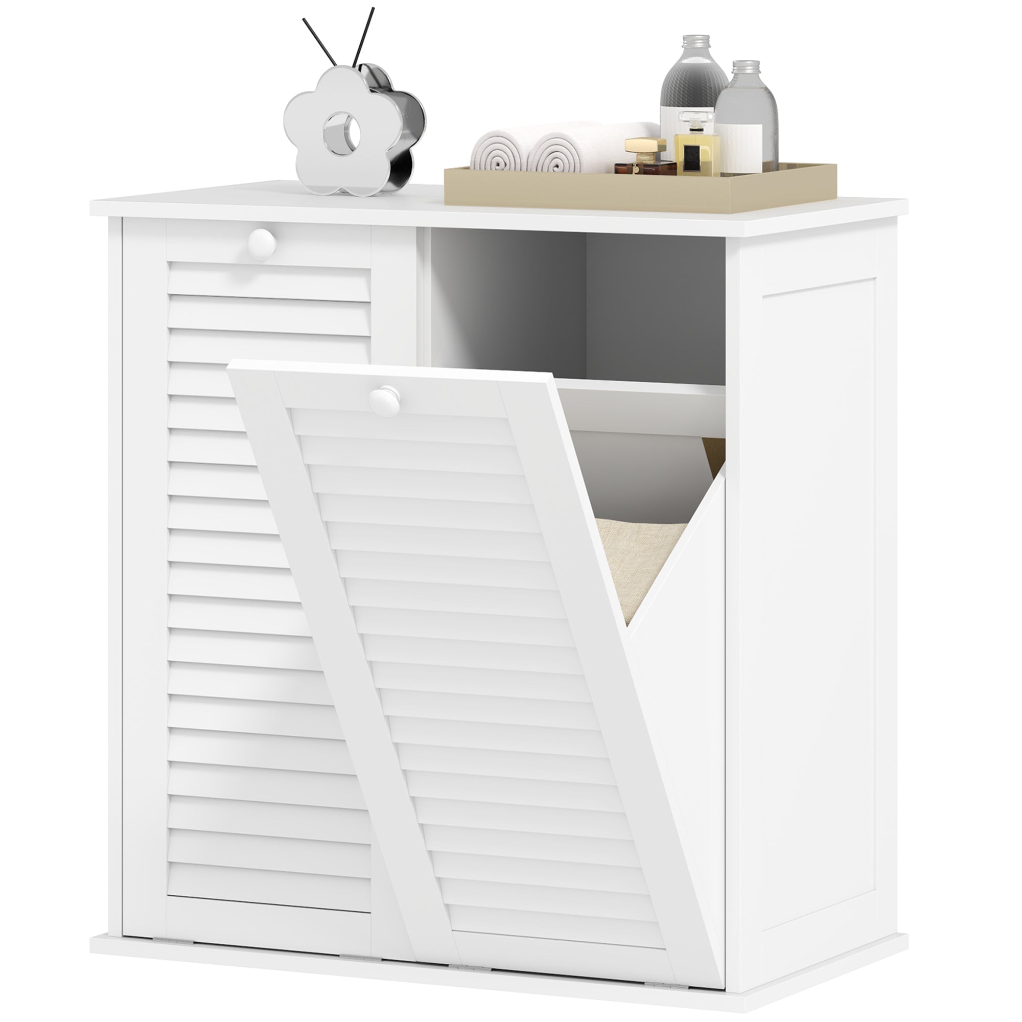 Laundry Cabinet, Bathroom Cabinet with 2 Laundry Baskets, Bathroom Cabinet with Handles, Louvered Doors Laundry Collector Bathroom Furniture for Bathroom 70cm x 38cm x 73cm White