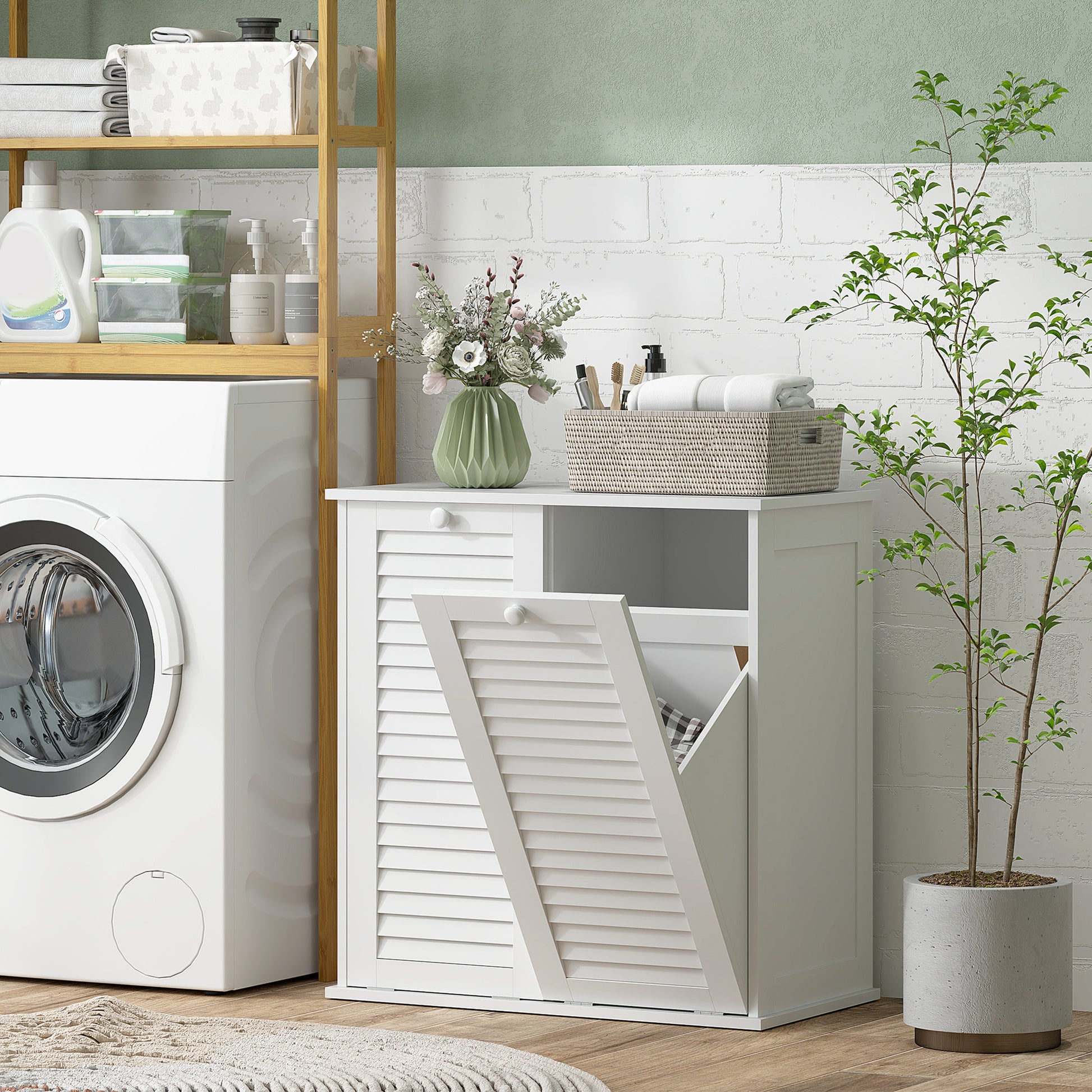 Laundry Cabinet, Bathroom Cabinet with 2 Laundry Baskets, Bathroom Cabinet with Handles, Louvered Doors Laundry Collector Bathroom Furniture for Bathroom 70cm x 38cm x 73cm White