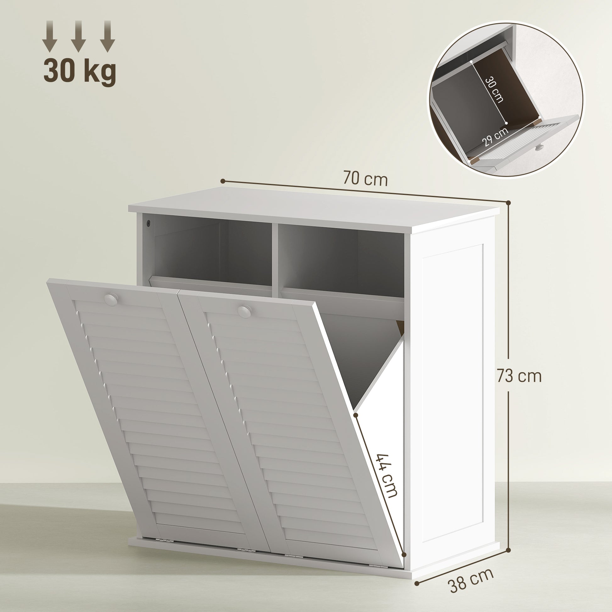 Laundry Cabinet, Bathroom Cabinet with 2 Laundry Baskets, Bathroom Cabinet with Handles, Louvered Doors Laundry Collector Bathroom Furniture for Bathroom 70cm x 38cm x 73cm White