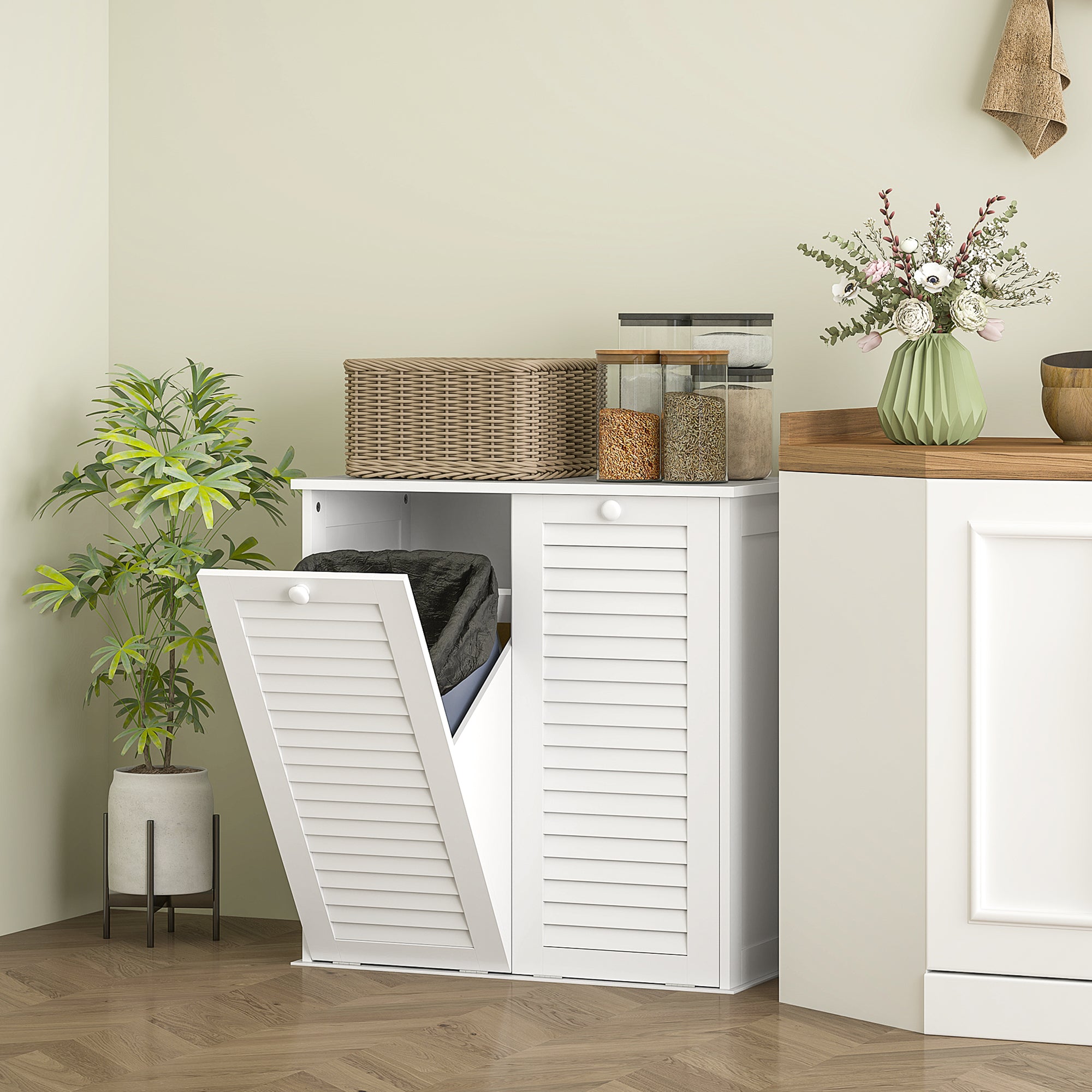 Laundry Cabinet, Bathroom Cabinet with 2 Laundry Baskets, Bathroom Cabinet with Handles, Louvered Doors Laundry Collector Bathroom Furniture for Bathroom 70cm x 38cm x 73cm White