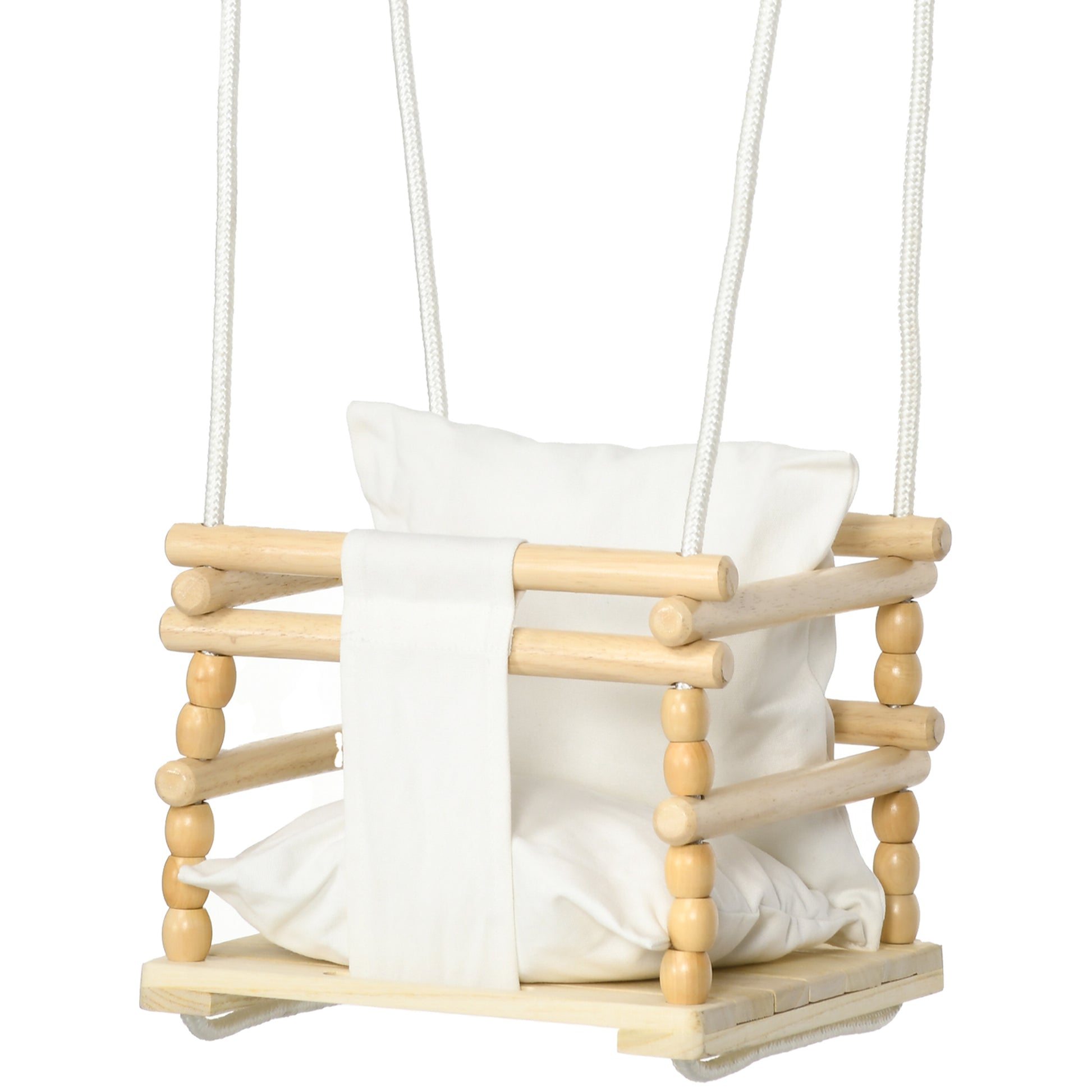 Children's Swing 9-36 Months in Wood and Cotton for Indoor and Outdoor with Adjustable Rope and Removable Pillow, 30x30x110-180 cm, Natural Wood and White Color