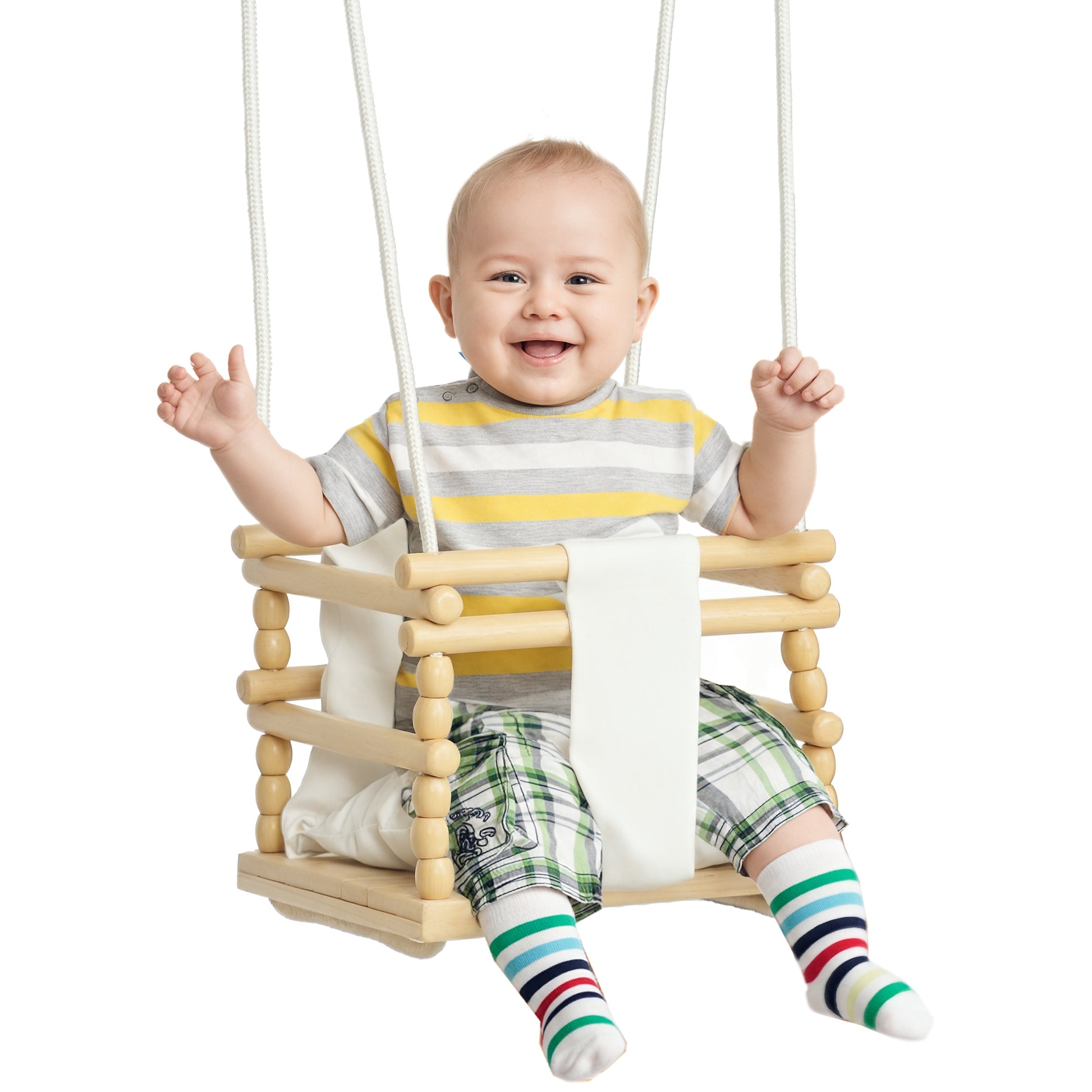 Children's Swing 9-36 Months in Wood and Cotton for Indoor and Outdoor with Adjustable Rope and Removable Pillow, 30x30x110-180 cm, Natural Wood and White Color