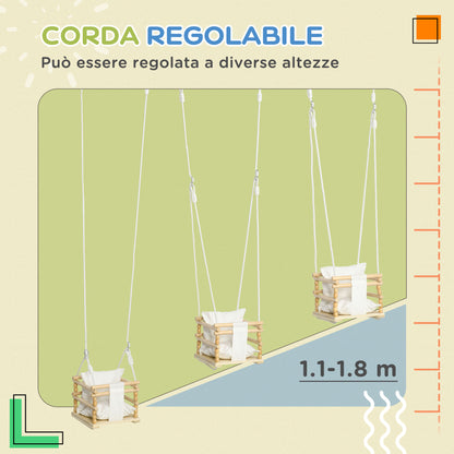 Children's Swing 9-36 Months in Wood and Cotton for Indoor and Outdoor with Adjustable Rope and Removable Pillow, 30x30x110-180 cm, Natural Wood and White Color