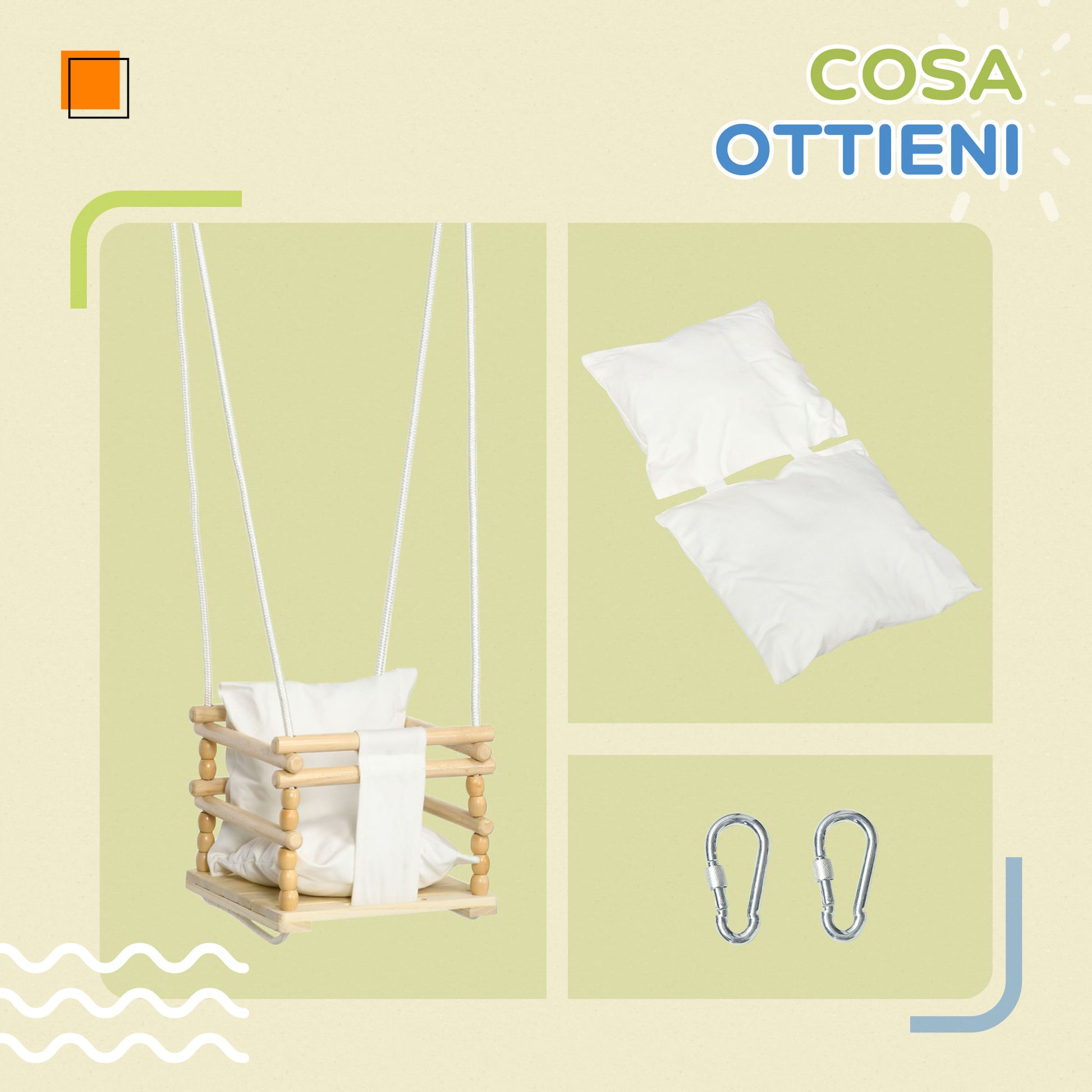 Children's Swing 9-36 Months in Wood and Cotton for Indoor and Outdoor with Adjustable Rope and Removable Pillow, 30x30x110-180 cm, Natural Wood and White Color