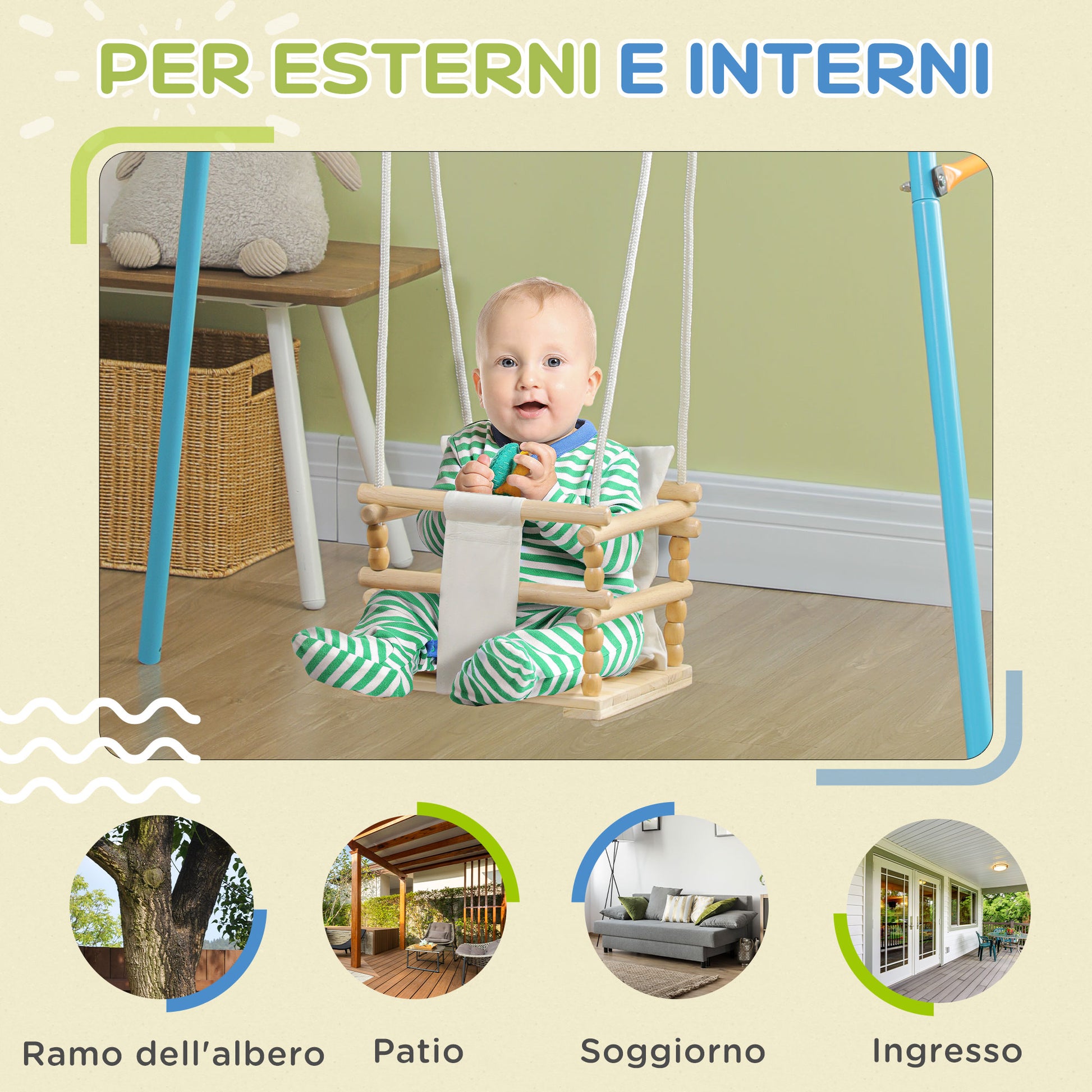 Children's Swing 9-36 Months in Wood and Cotton for Indoor and Outdoor with Adjustable Rope and Removable Pillow, 30x30x110-180 cm, Natural Wood and White Color