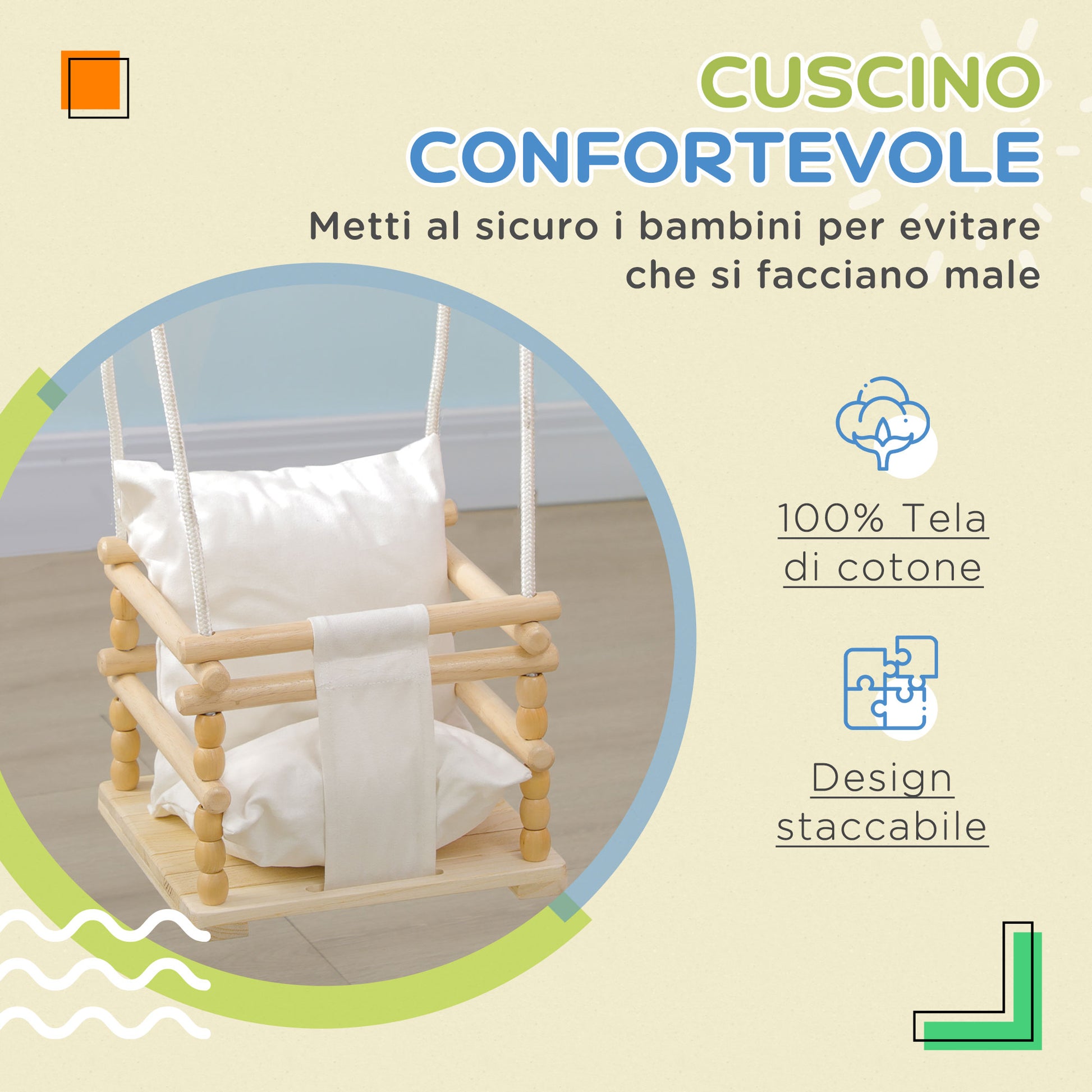 Children's Swing 9-36 Months in Wood and Cotton for Indoor and Outdoor with Adjustable Rope and Removable Pillow, 30x30x110-180 cm, Natural Wood and White Color