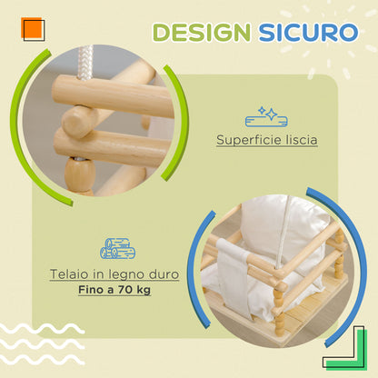 Children's Swing 9-36 Months in Wood and Cotton for Indoor and Outdoor with Adjustable Rope and Removable Pillow, 30x30x110-180 cm, Natural Wood and White Color