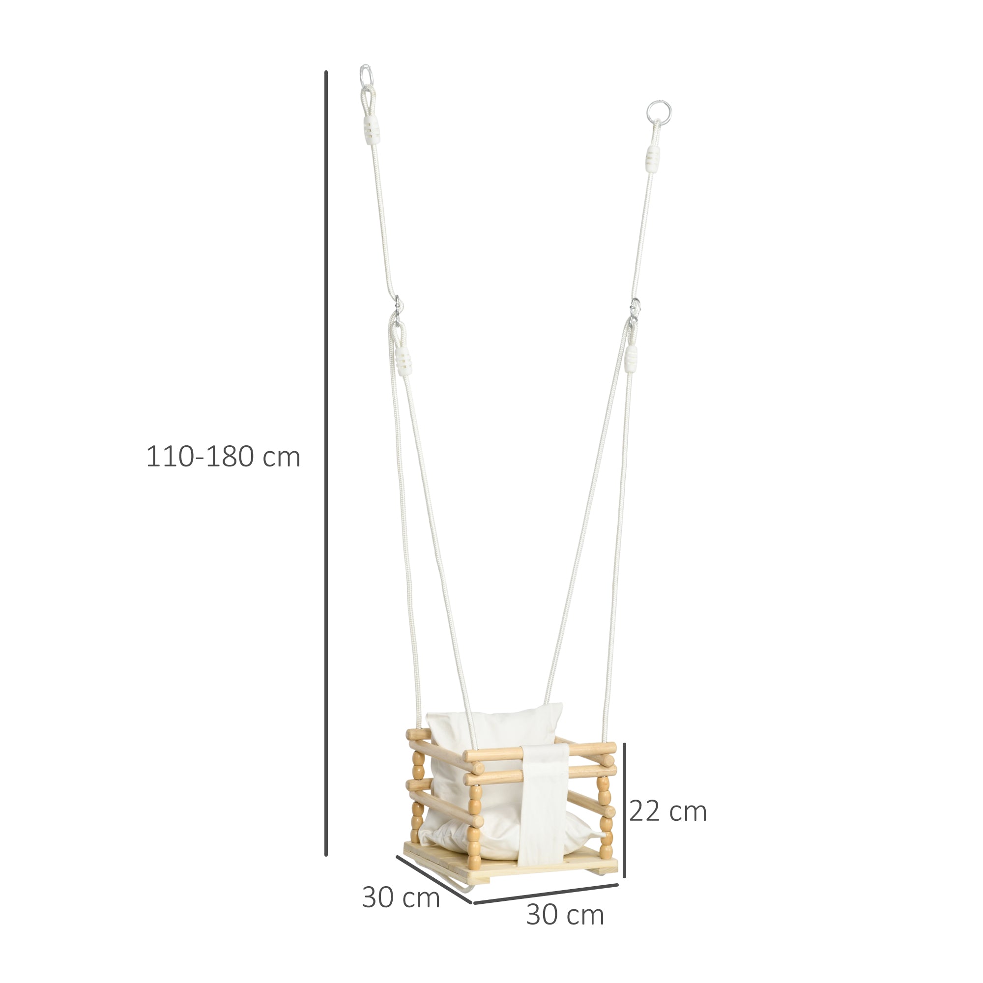 Children's Swing 9-36 Months in Wood and Cotton for Indoor and Outdoor with Adjustable Rope and Removable Pillow, 30x30x110-180 cm, Natural Wood and White Color