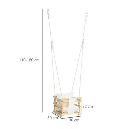 Children's Swing 9-36 Months in Wood and Cotton for Indoor and Outdoor with Adjustable Rope and Removable Pillow, 30x30x110-180 cm, Natural Wood and White Color