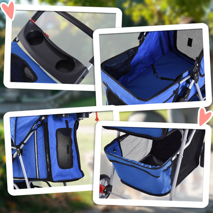 Dog Stroller Pet Stroller Foldable for Dogs & Cats Cat Stroller with Cushion Mesh Windows Cup Holder Storage Bag Cat Carrier Buggy Blue