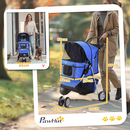 Dog Stroller Pet Stroller Foldable for Dogs & Cats Cat Stroller with Cushion Mesh Windows Cup Holder Storage Bag Cat Carrier Buggy Blue