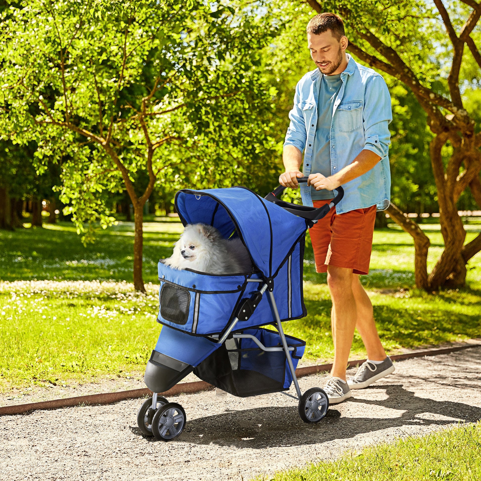 Dog Stroller Pet Stroller Foldable for Dogs & Cats Cat Stroller with Cushion Mesh Windows Cup Holder Storage Bag Cat Carrier Buggy Blue