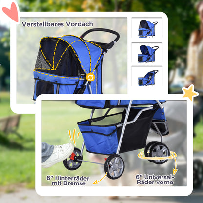 Dog Stroller Pet Stroller Foldable for Dogs & Cats Cat Stroller with Cushion Mesh Windows Cup Holder Storage Bag Cat Carrier Buggy Blue