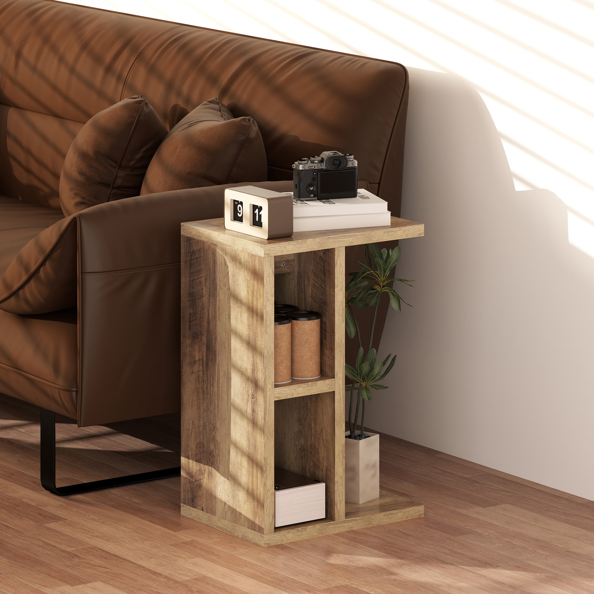 C-Shaped Coffee Table with 3 Shelves and 2 Open Compartments, Living Room and Bedroom Table, Space-Saving Side Table, 40x29.8x60 cm, Brown