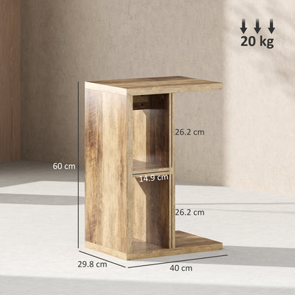 C-Shaped Coffee Table with 3 Shelves and 2 Open Compartments, Living Room and Bedroom Table, Space-Saving Side Table, 40x29.8x60 cm, Brown