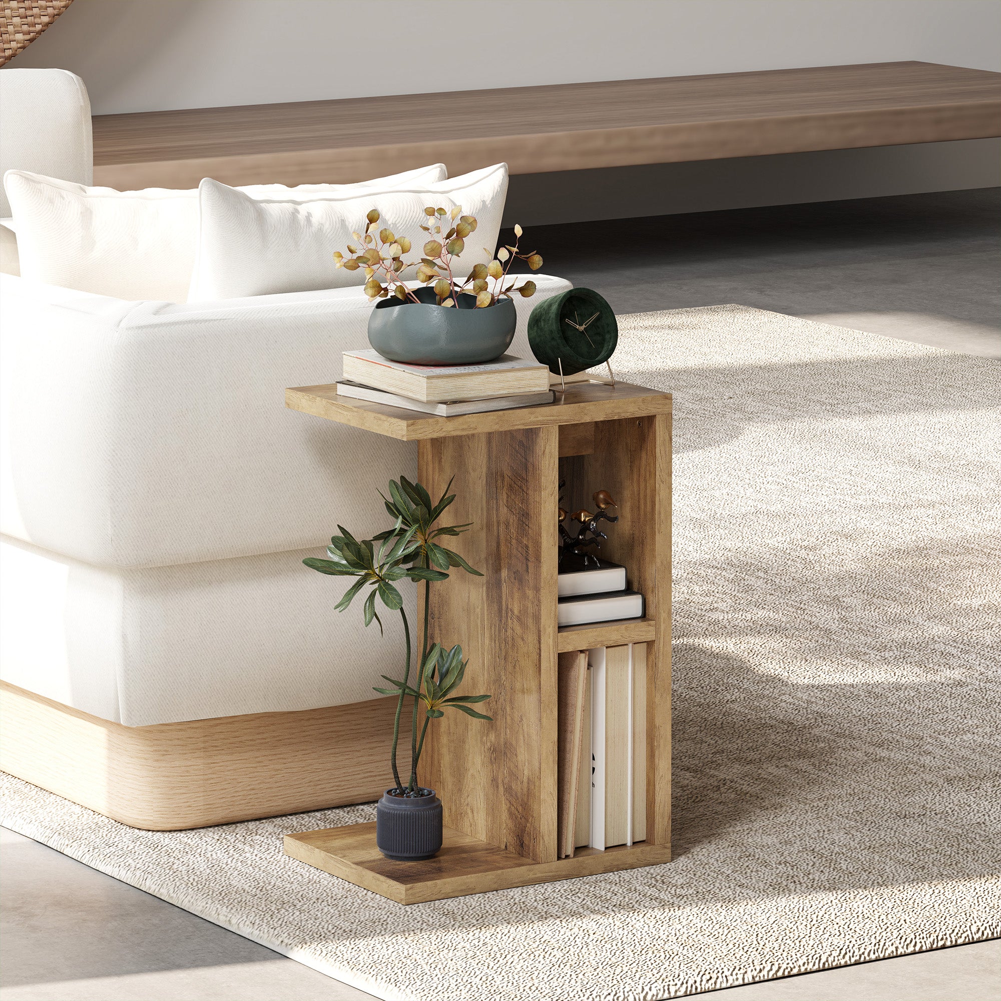 C-Shaped Coffee Table with 3 Shelves and 2 Open Compartments, Living Room and Bedroom Table, Space-Saving Side Table, 40x29.8x60 cm, Brown