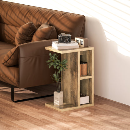 C-Shaped Coffee Table with 3 Shelves and 2 Open Compartments, Living Room and Bedroom Table, Space-Saving Side Table, 40x29.8x60 cm, Brown