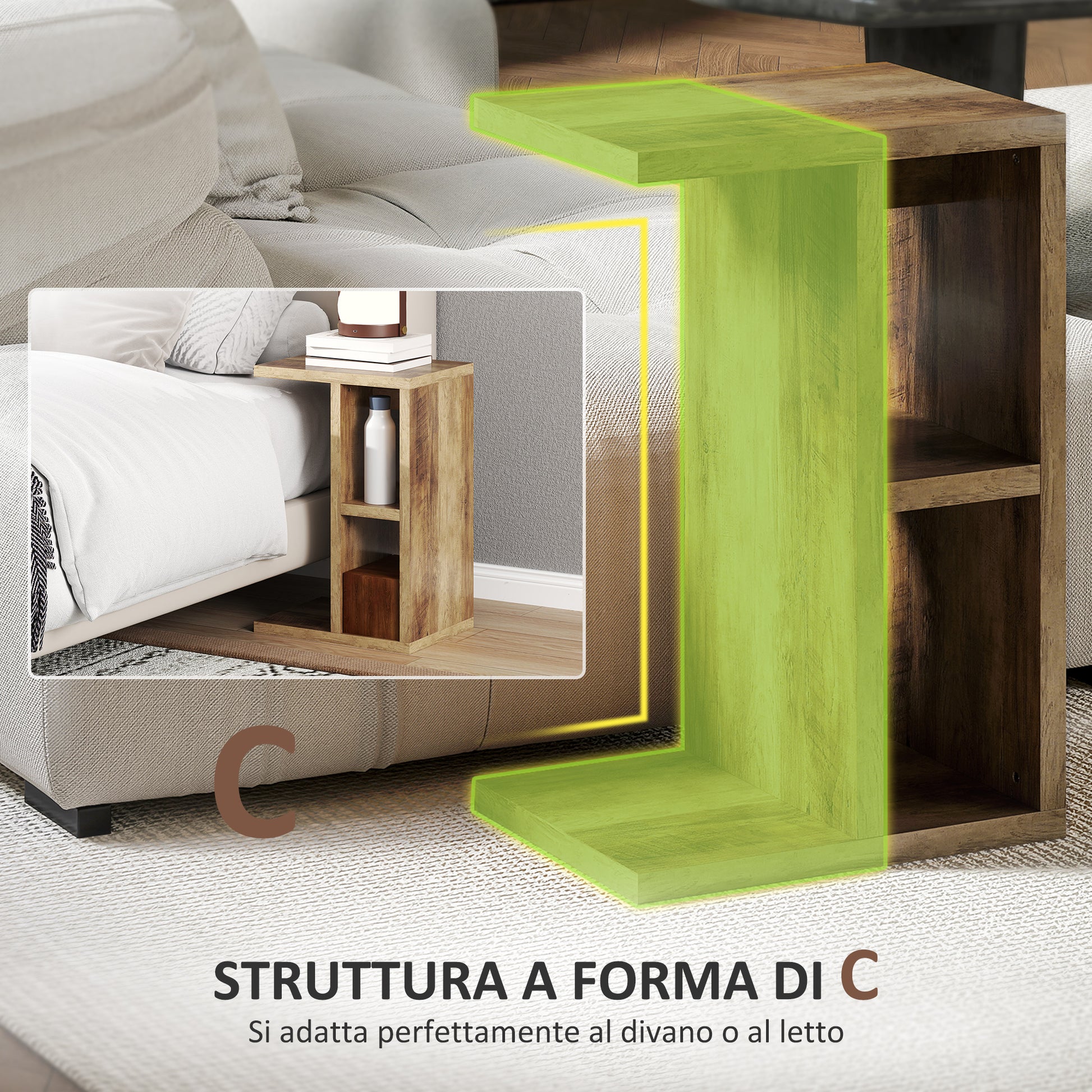 C-Shaped Coffee Table with 3 Shelves and 2 Open Compartments, Living Room and Bedroom Table, Space-Saving Side Table, 40x29.8x60 cm, Brown
