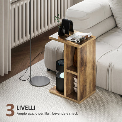 C-Shaped Coffee Table with 3 Shelves and 2 Open Compartments, Living Room and Bedroom Table, Space-Saving Side Table, 40x29.8x60 cm, Brown
