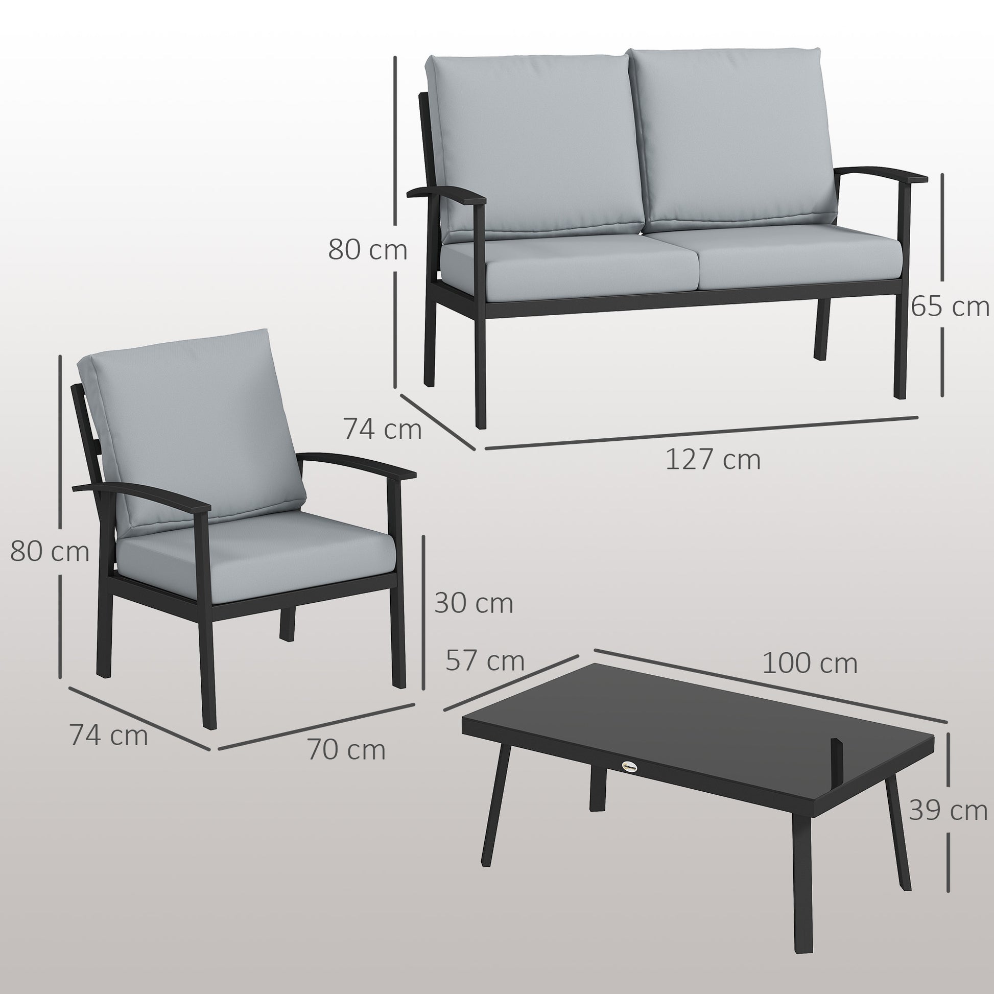 4-Piece Aluminum Garden Lounge Set, Outdoor 2-Seater Sofa, 2 Armchairs and Glass Coffee Table with Removable Cushions, Charcoal Grey